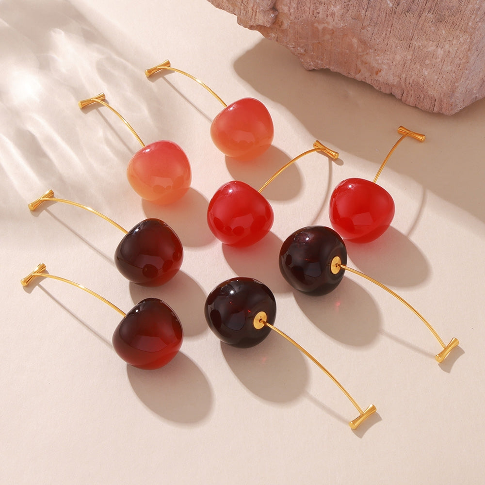 Elegant Cherry Drop Earrings - 18K Gold Plated Stainless Steel with Resin Accents