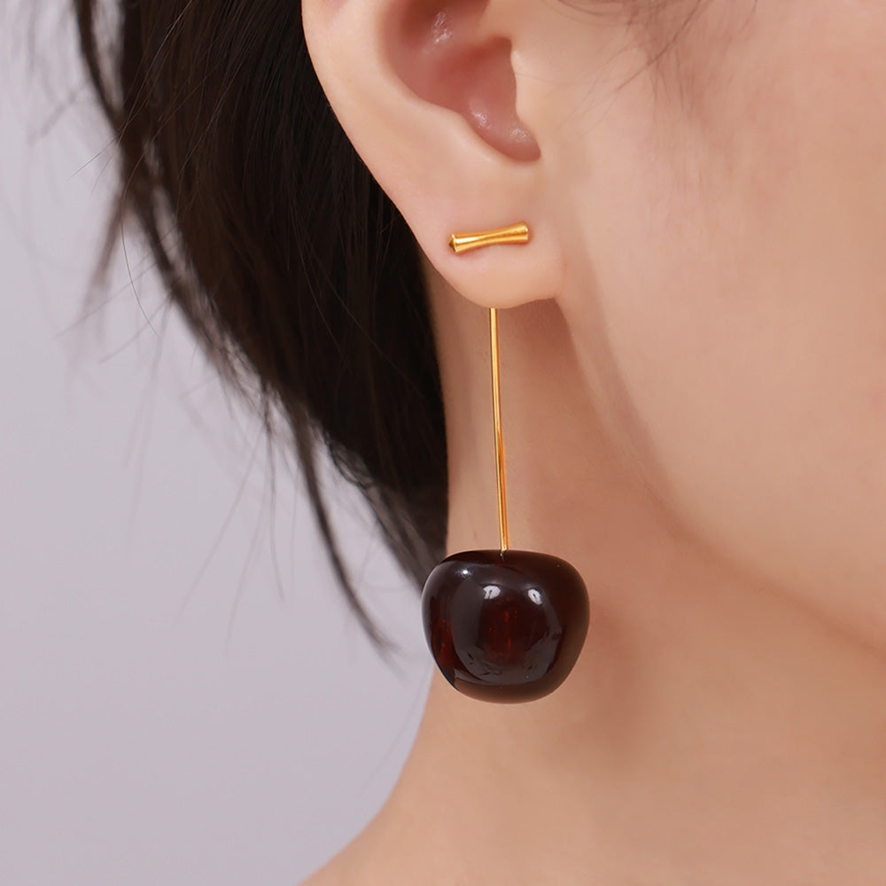 Elegant Cherry Drop Earrings - 18K Gold Plated Stainless Steel with Resin Accents