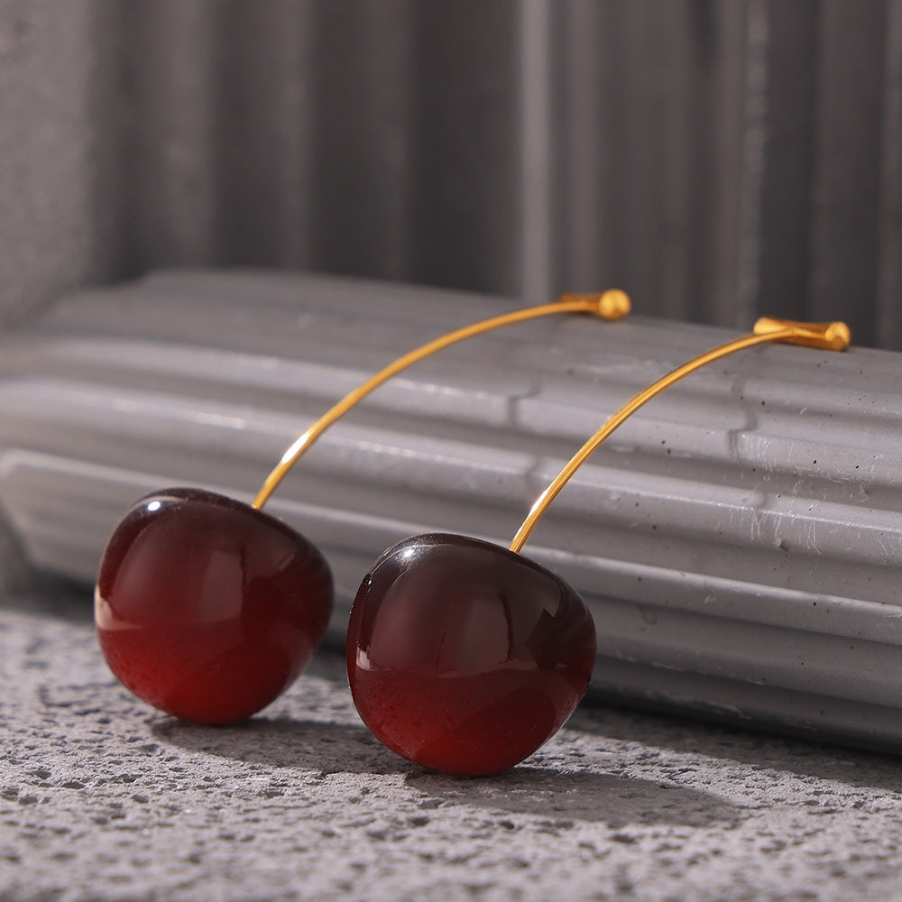 Elegant Cherry Drop Earrings - 18K Gold Plated Stainless Steel with Resin Accents