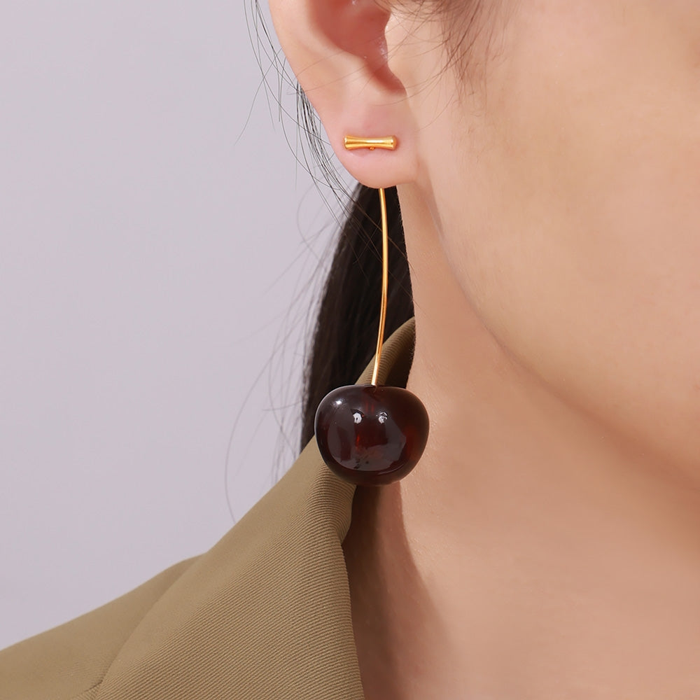 Elegant Cherry Drop Earrings - 18K Gold Plated Stainless Steel with Resin Accents