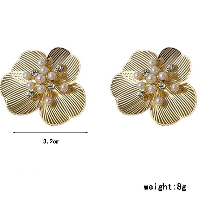 Elegant Flower Inlay Copper Pearl Zircon Stud Earrings for Women