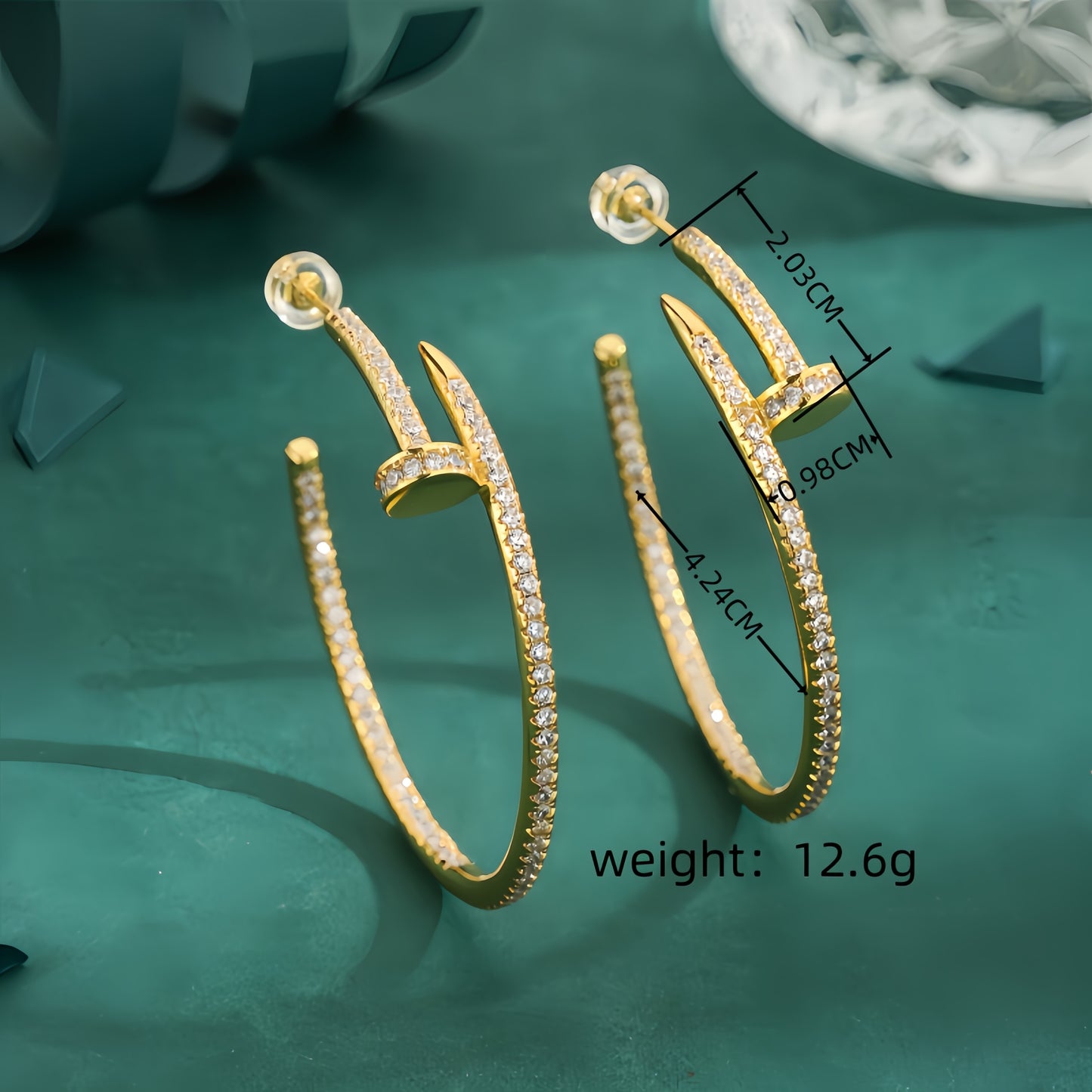 1 Pair Elegant C Shape Zircon Inlay 18K Gold Plated Ear Studs