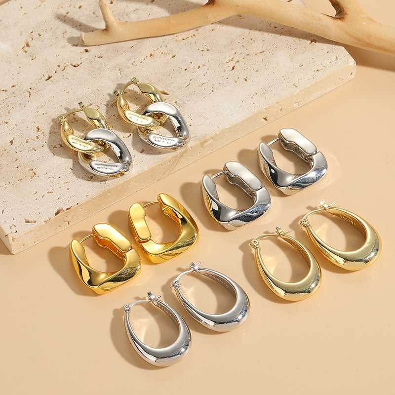 Elegant 14k Gold Plated Asymmetrical Double Ring Hoop Earrings