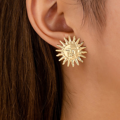 Elegant Retro Sun Face Stud Earrings - 2024 European & American Design Luxury Jewelry