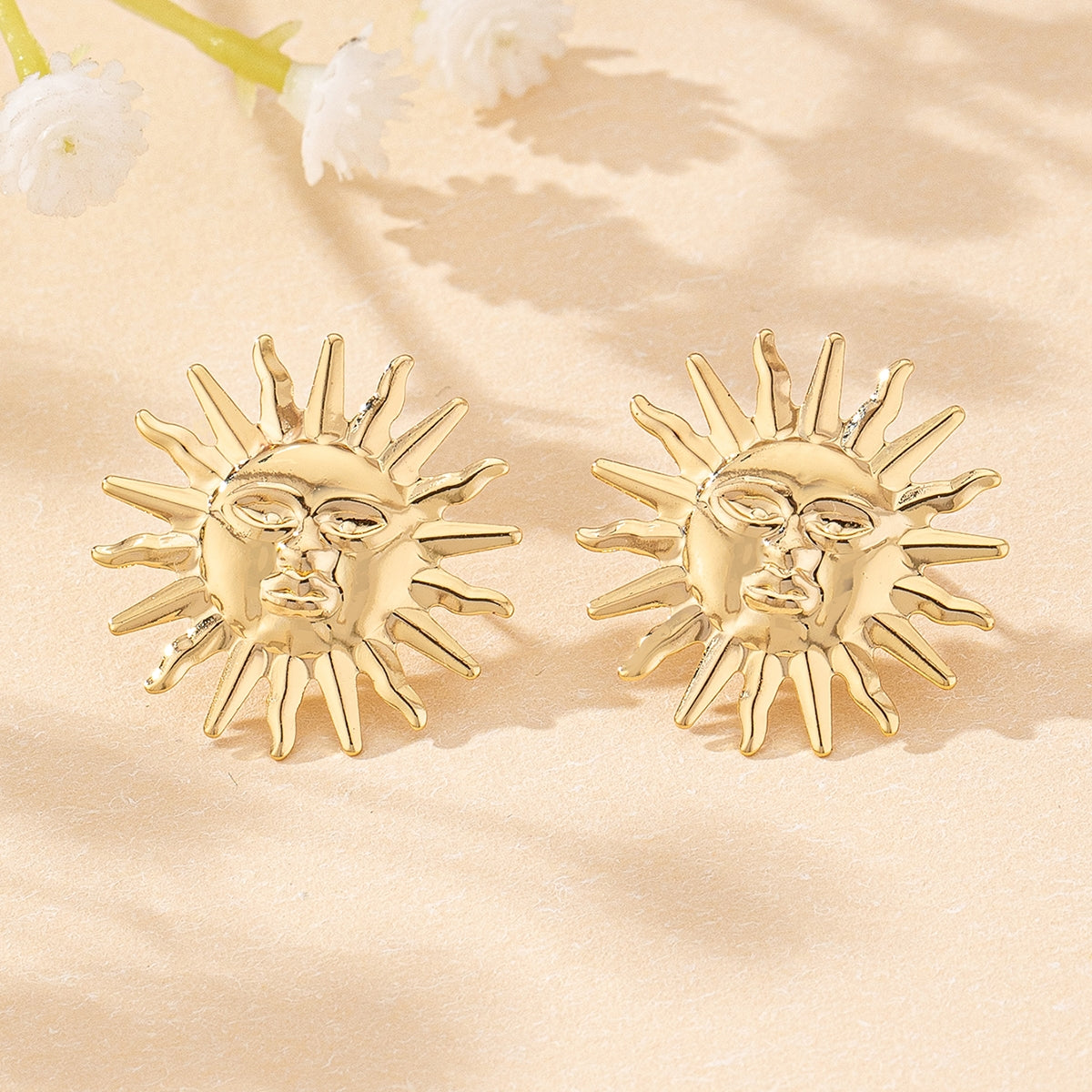 Elegant Retro Sun Face Stud Earrings - 2024 European & American Design Luxury Jewelry