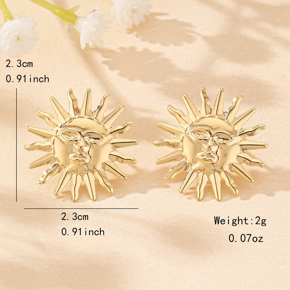 Elegant Retro Sun Face Stud Earrings - 2024 European & American Design Luxury Jewelry