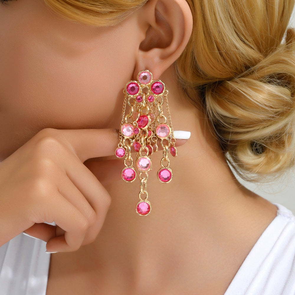 Elegant Retro Tassel Zinc Alloy Rhinestone Layered Chain Drop Earrings