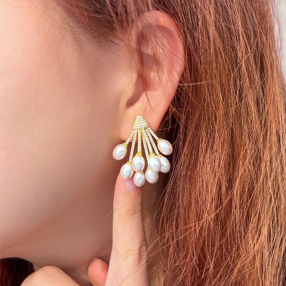 Elegant Baroque Pearl & Zirconia Inlay Rhodium Plated Ear Studs