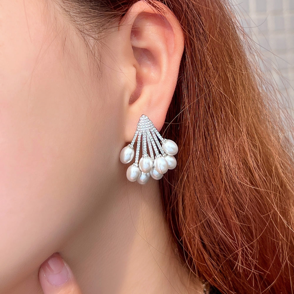 Elegant Baroque Pearl & Zirconia Inlay Rhodium Plated Ear Studs