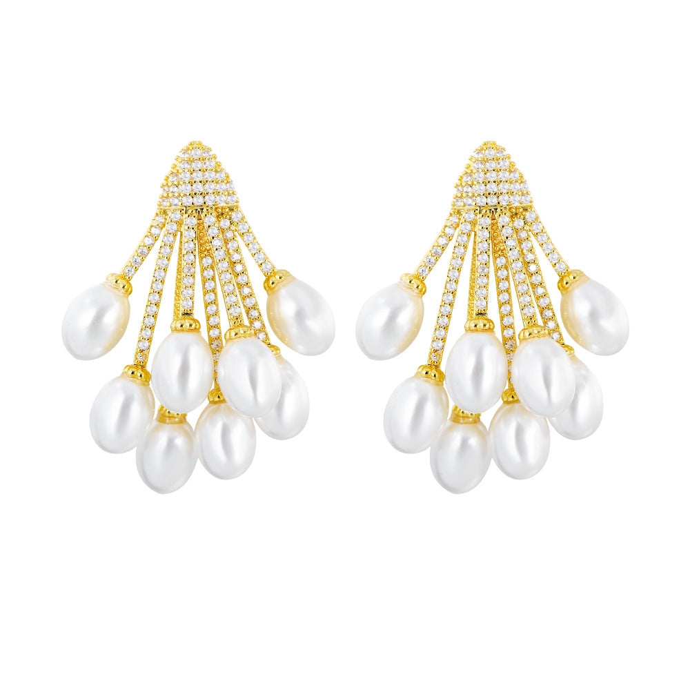 Elegant Baroque Pearl & Zirconia Inlay Rhodium Plated Ear Studs