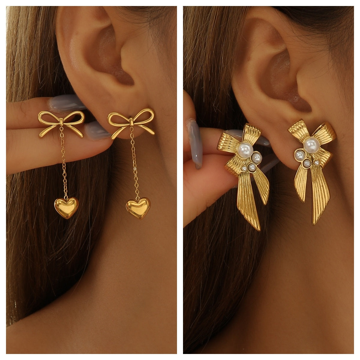 1 Pair Elegant Heart Shape Bow Knot Titanium Steel Pearl 18K Gold Plated Drop Earrings