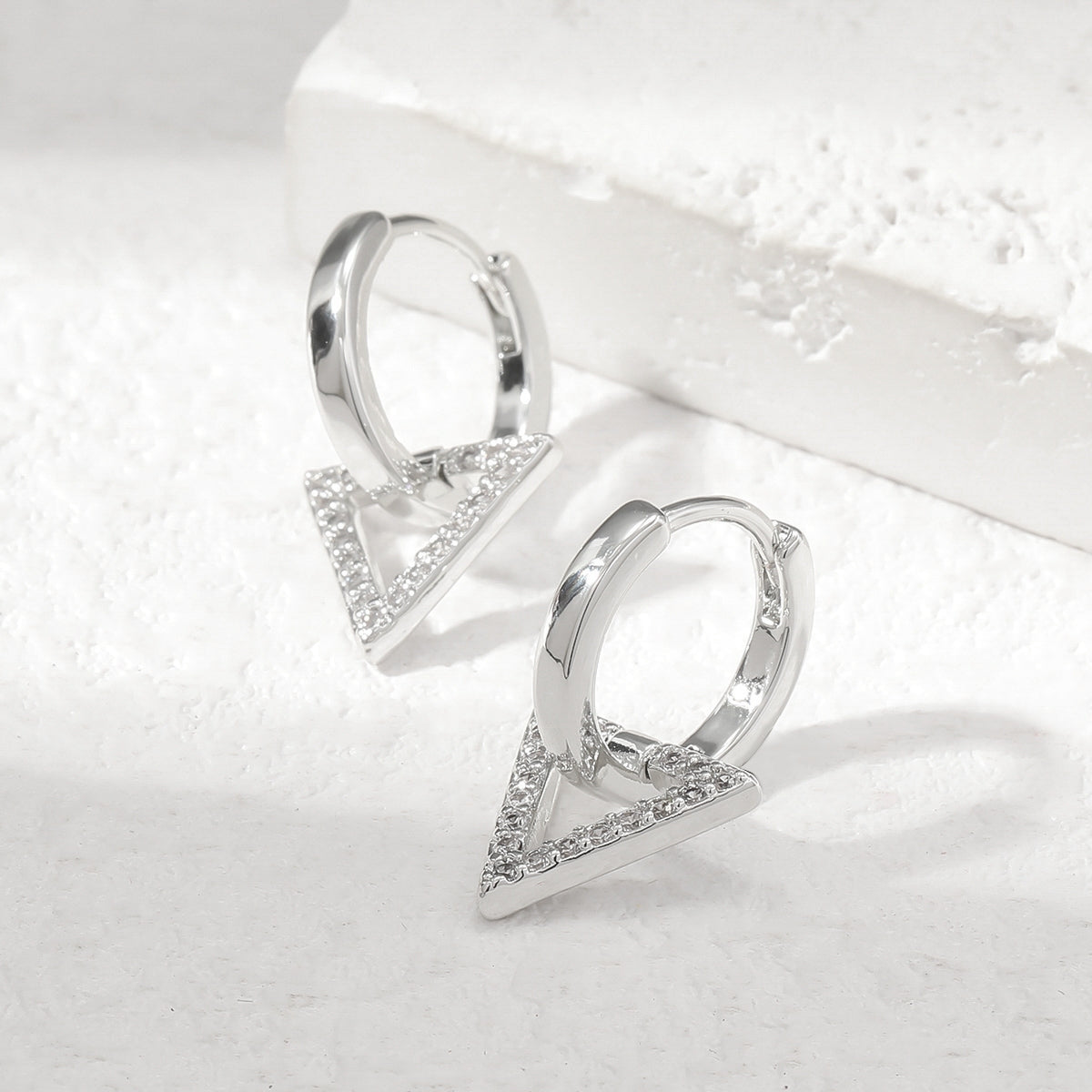 Elegant Geometric Triangle Zircon Drop Earrings in White Gold Plated Copper