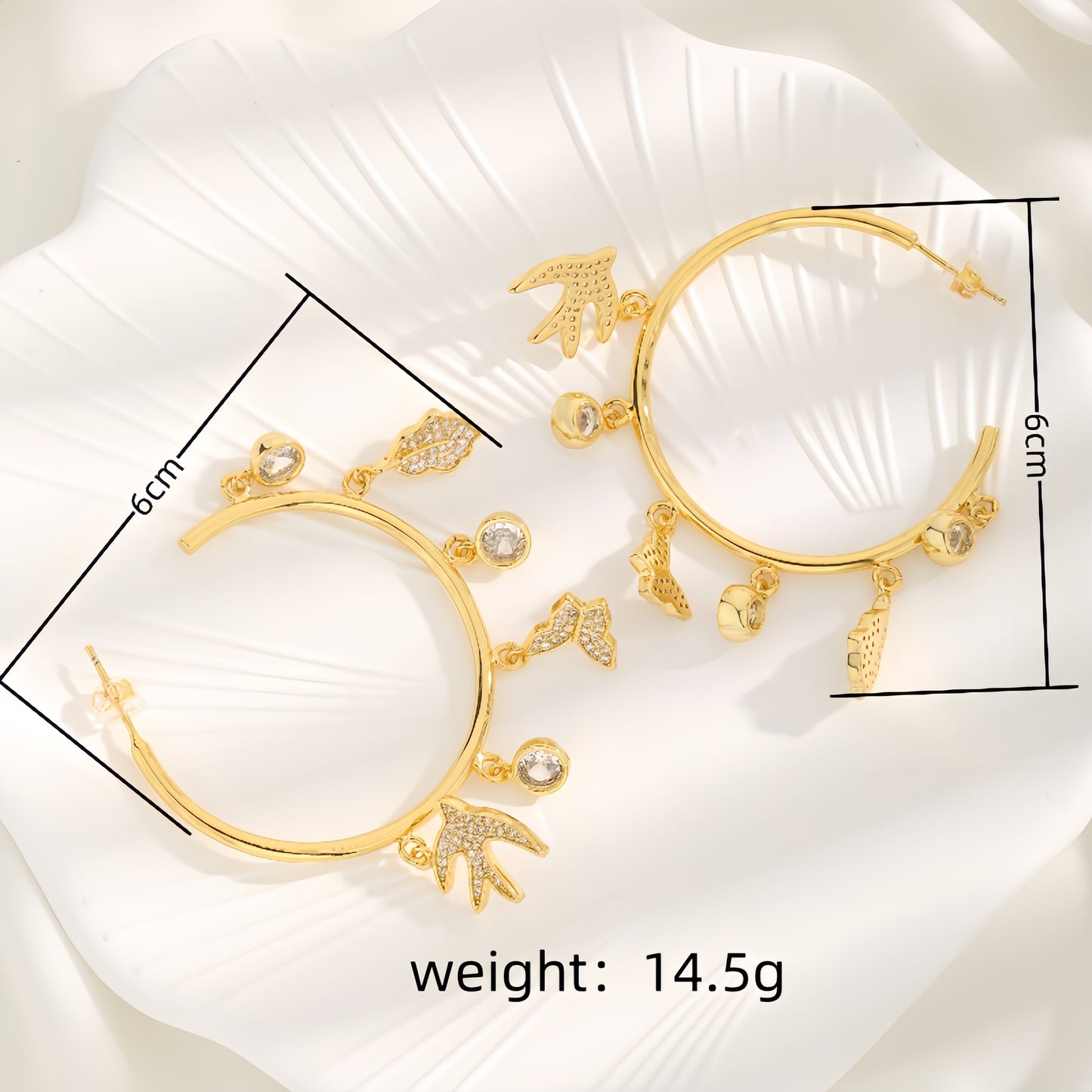 1 Pair Elegant Geometric Inlay Zircon 18K Gold Plated Butterfly Bird Leaf Hoop Earrings