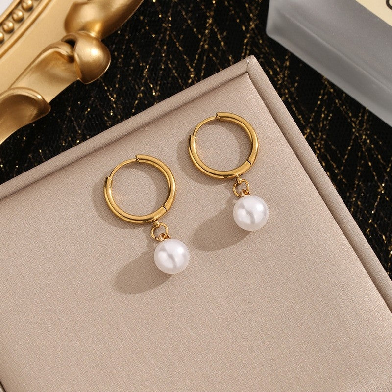 Elegant Geometric 18K Gold Plated Stainless Steel Pearl Drop Earrings