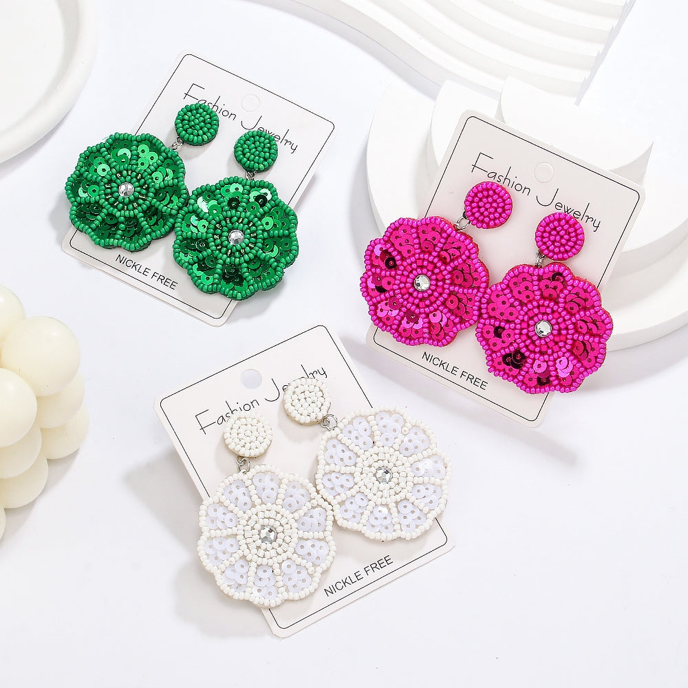 Elegant Bohemian Beaded Sequin Flower Drop Earrings