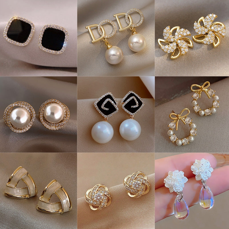 Elegant Heart & Cross Design Pearl Earrings - Bow Knot & Rhinestone Accents, 925 Silver Needle