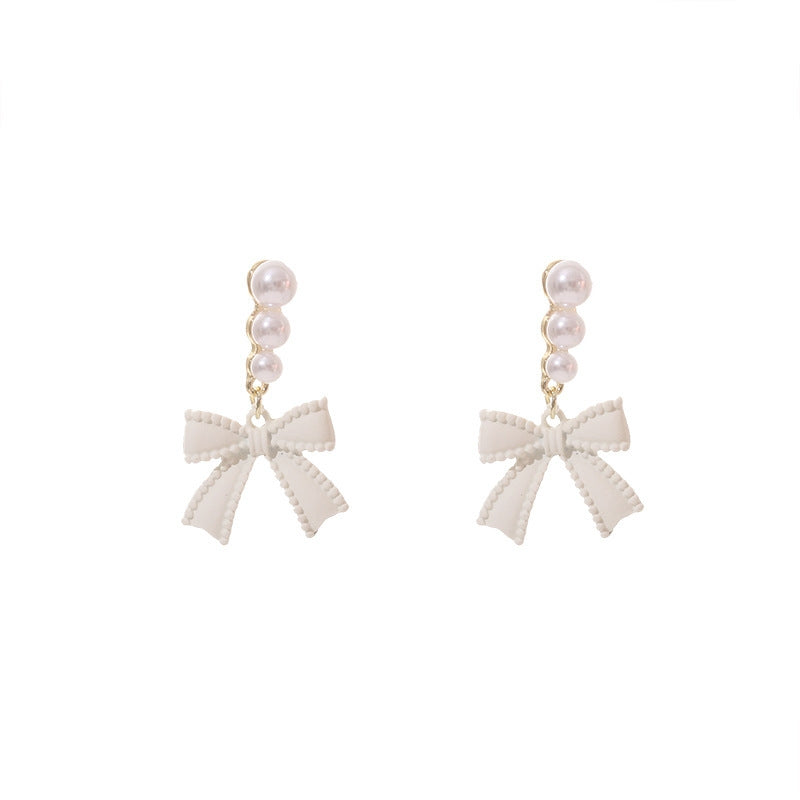 Elegant Heart & Cross Design Pearl Earrings - Bow Knot & Rhinestone Accents, 925 Silver Needle