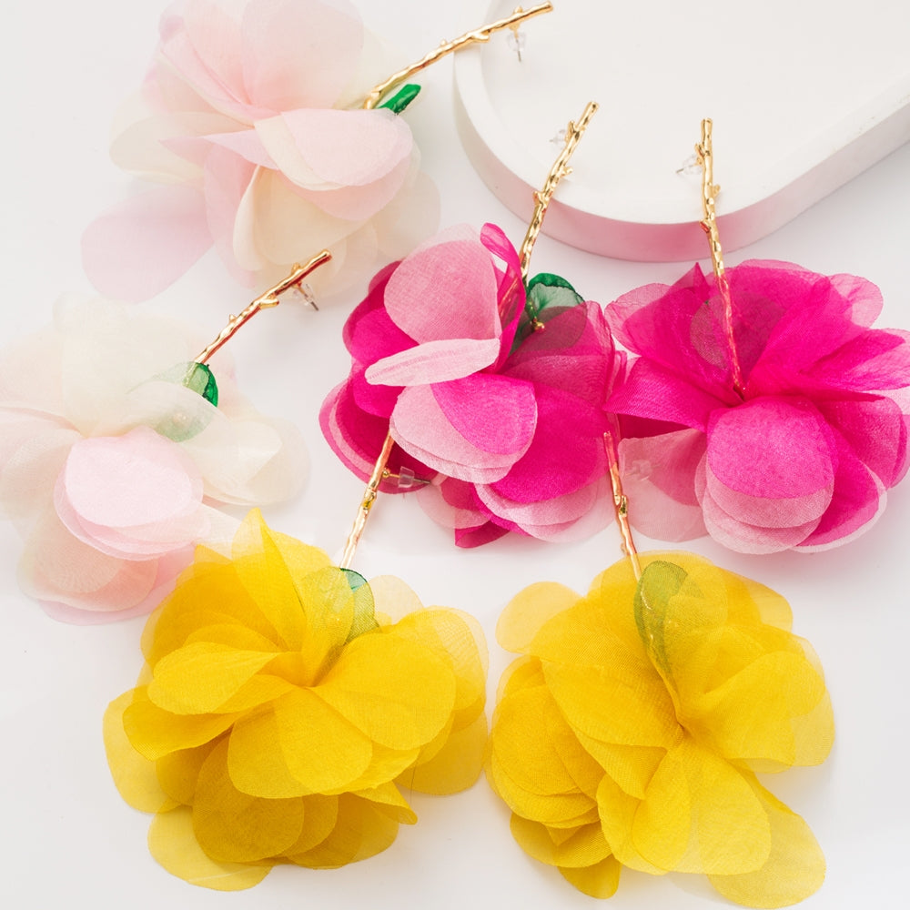 Elegant Tropical Flower Tassel Drop Earrings - Gold Plated Alloy Design