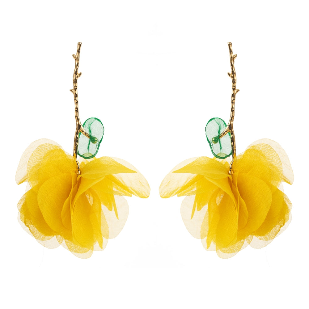 Elegant Tropical Flower Tassel Drop Earrings - Gold Plated Alloy Design