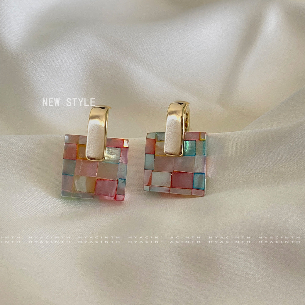 Elegant Vintage Square 18K Gold Plated Drop Earrings with Colorful Shell Inlay
