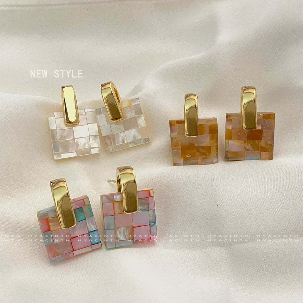 Elegant Vintage Square 18K Gold Plated Drop Earrings with Colorful Shell Inlay