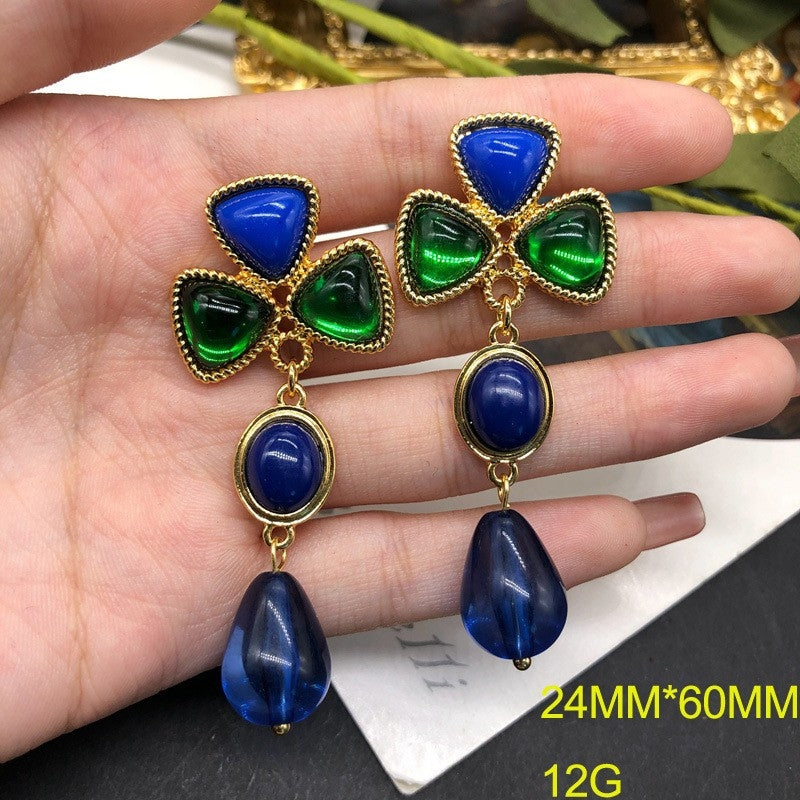 Elegant Vintage Shamrock Water Droplet Alloy Drop Earrings with Colorful Glass Accents