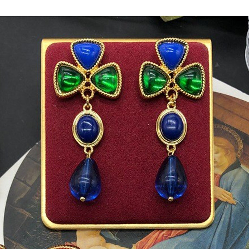 Elegant Vintage Shamrock Water Droplet Alloy Drop Earrings with Colorful Glass Accents
