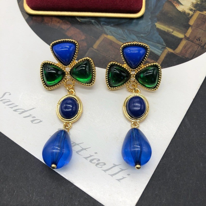 Elegant Vintage Shamrock Water Droplet Alloy Drop Earrings with Colorful Glass Accents