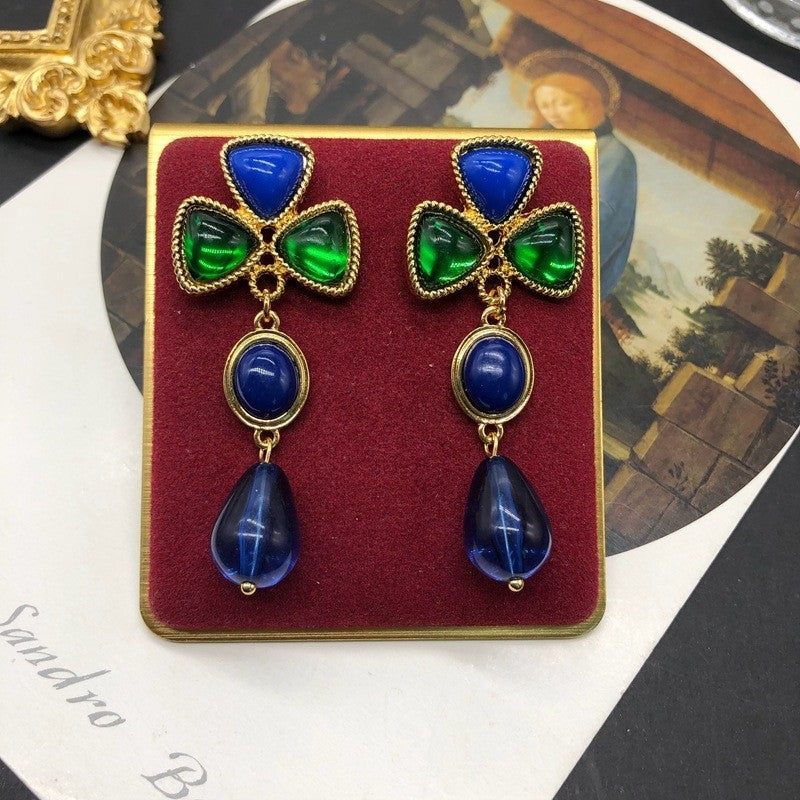 Elegant Vintage Shamrock Water Droplet Alloy Drop Earrings with Colorful Glass Accents