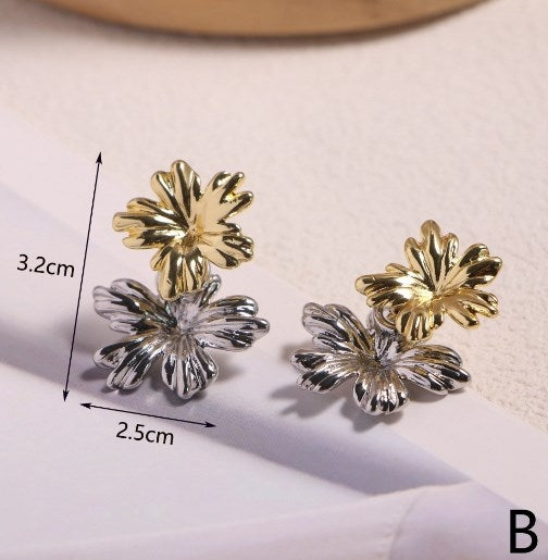 Elegant Geometric Flower Heart Copper Earrings - Gold & Silver Luxury Studs for Women