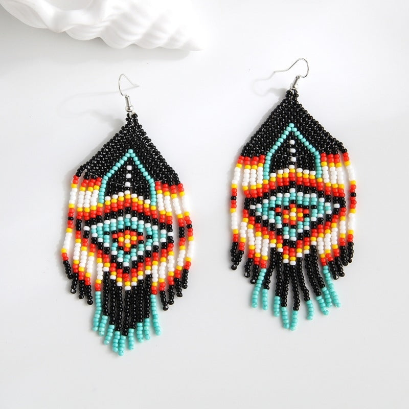 Bohemian Beaded Tassel Drop Earrings - Ethnic Style Seed Bead Handmade Jewelry