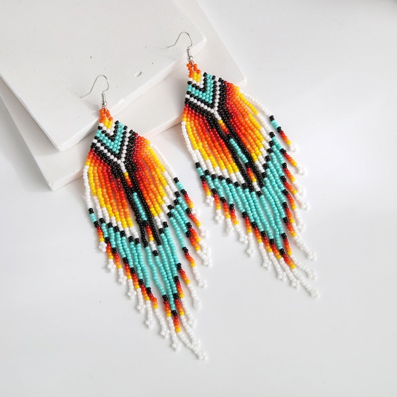 Bohemian Beaded Tassel Drop Earrings - Ethnic Style Seed Bead Handmade Jewelry