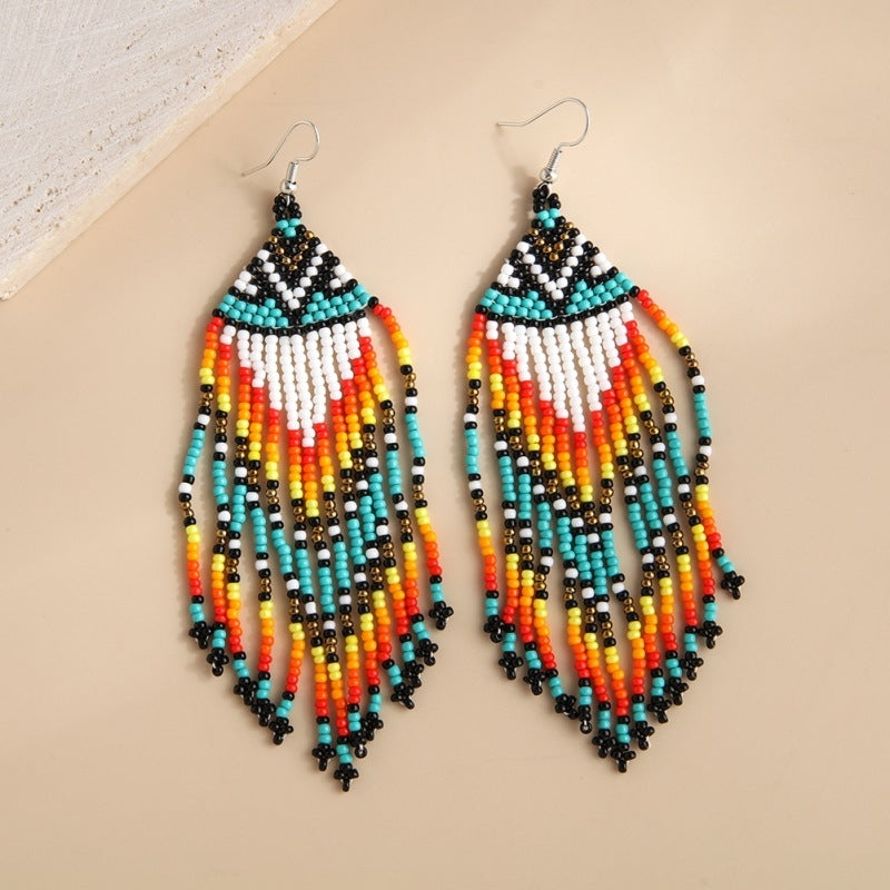 Bohemian Beaded Tassel Drop Earrings - Ethnic Style Seed Bead Handmade Jewelry