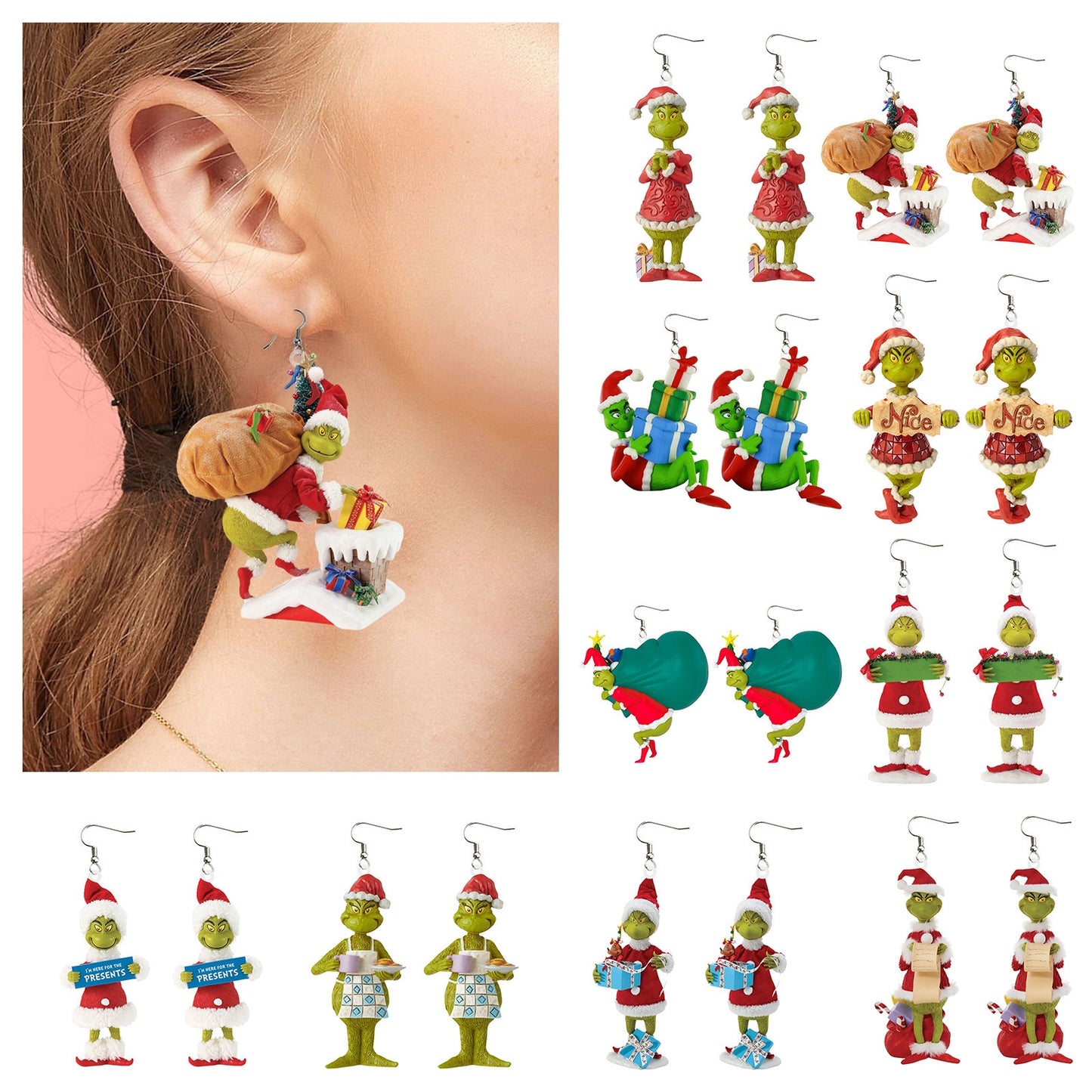 1 Pair Grinch Cartoon Character Acrylic Drop Earrings for Christmas Holiday