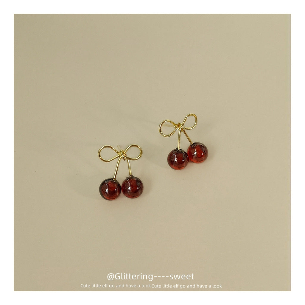 14k Gold Plated Cherry Zircon Stud Earrings with 925 Sterling Silver French Vintage Design