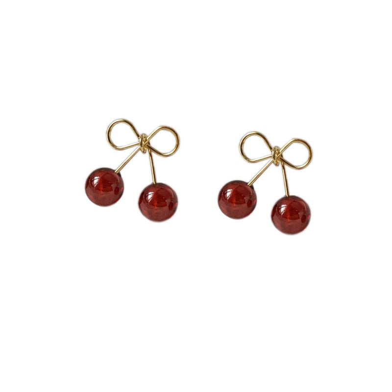 14k Gold Plated Cherry Zircon Stud Earrings with 925 Sterling Silver French Vintage Design