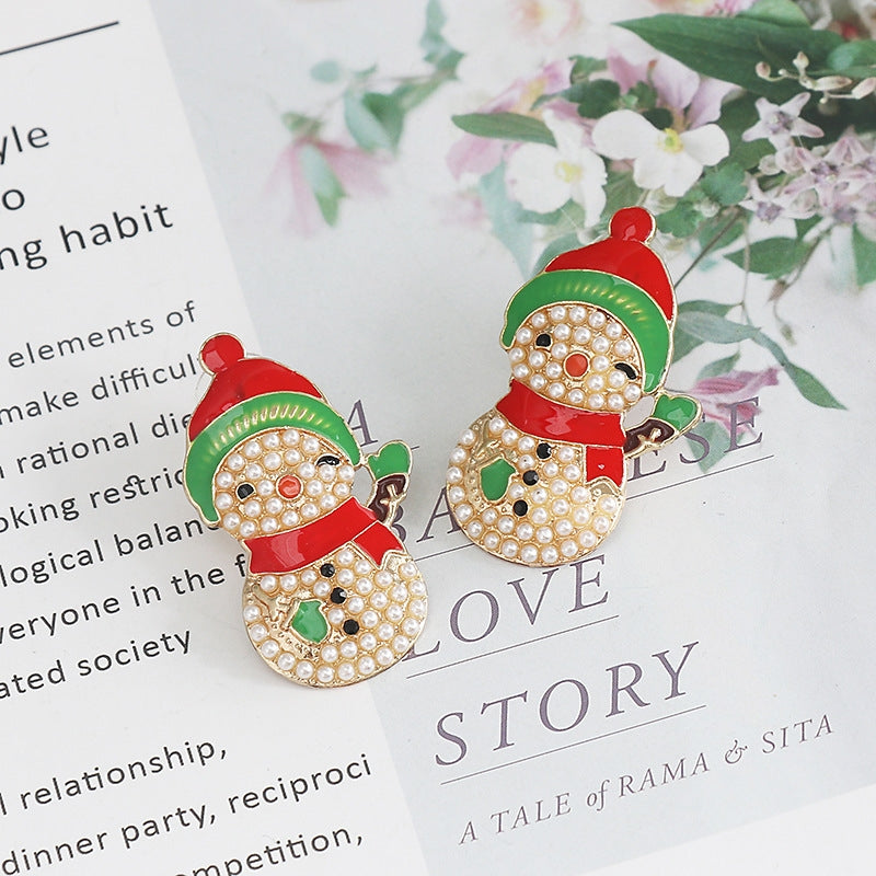 1 Pair Christmas Snowman Enamel Pearl Earrings