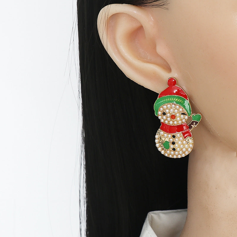 1 Pair Christmas Snowman Enamel Pearl Earrings