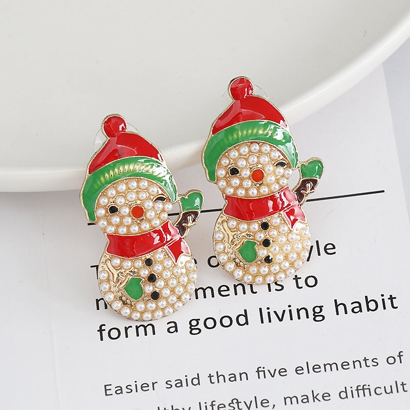 1 Pair Christmas Snowman Enamel Pearl Earrings