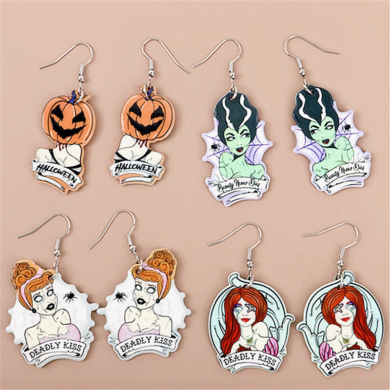 1 Pair Halloween Evil Pumpkin & Spider Web Acrylic Drop Earrings