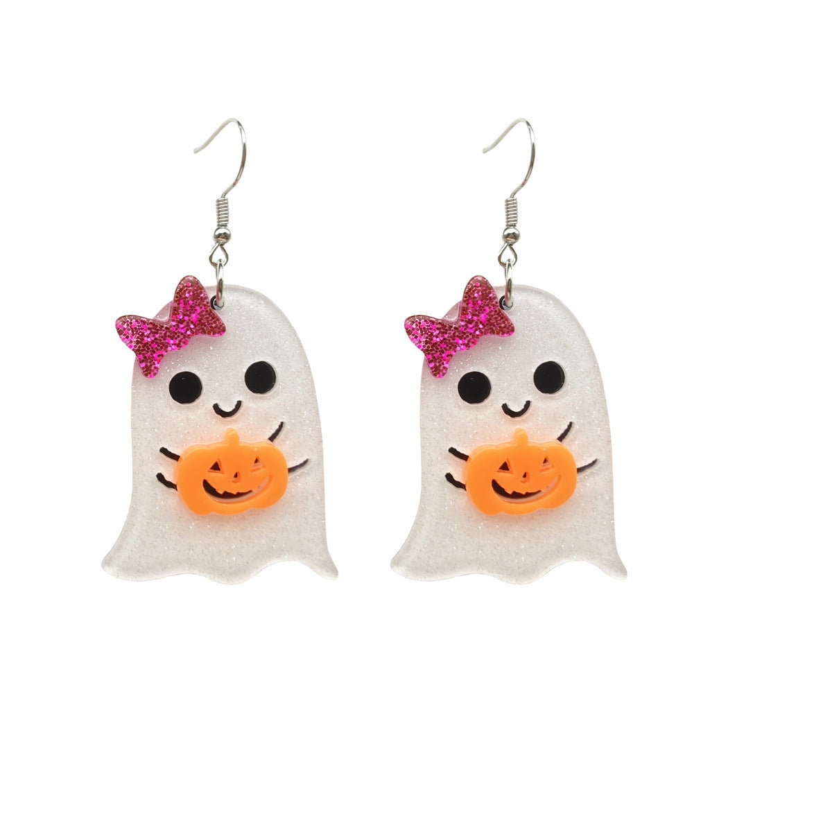 1 Pair Halloween Pumpkin Ghost Skull Acrylic Drop Earrings with Flower Bow Knot Design