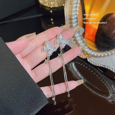 Glamorous Romantic Tassel Butterfly Rhinestone Drop Earrings - 2024 Korean Fashion Design