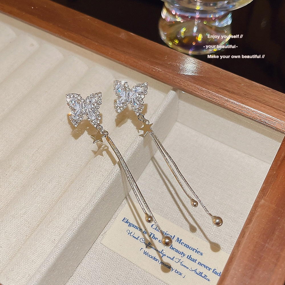 Glamorous Romantic Tassel Butterfly Rhinestone Drop Earrings - 2024 Korean Fashion Design