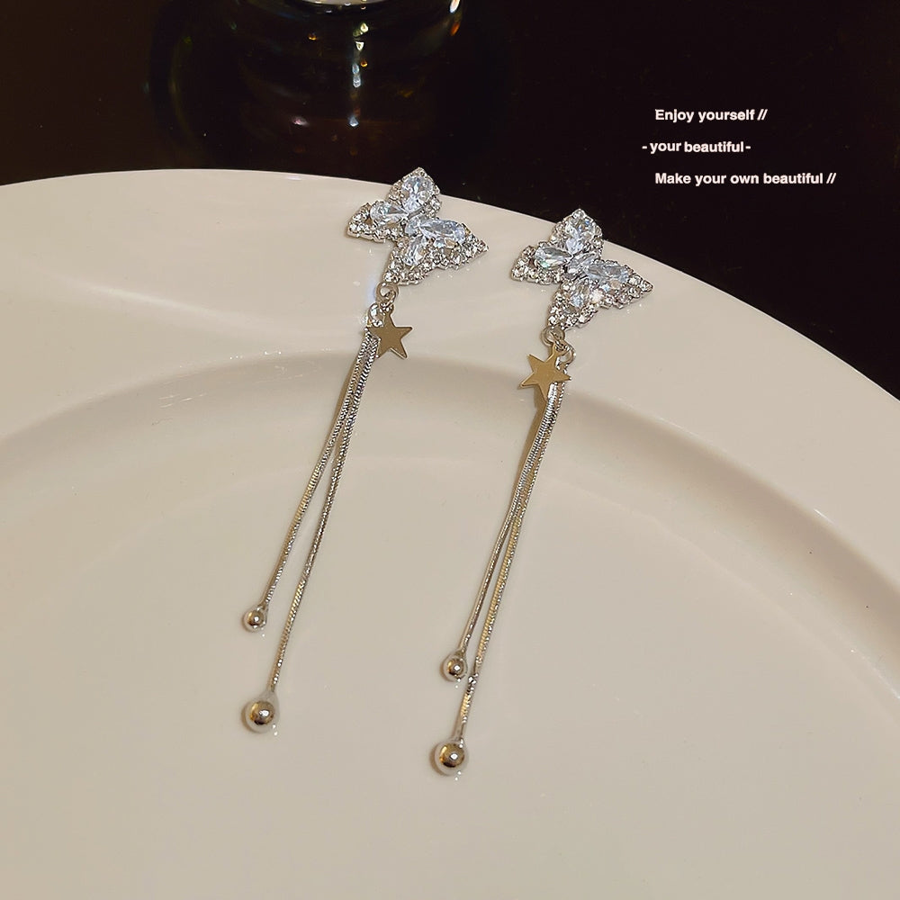 Glamorous Romantic Tassel Butterfly Rhinestone Drop Earrings - 2024 Korean Fashion Design