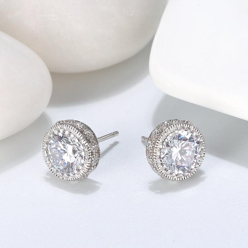 S925 Sterling Silver Zirconia Stud Earrings - White Gold Plated Minimalist Design