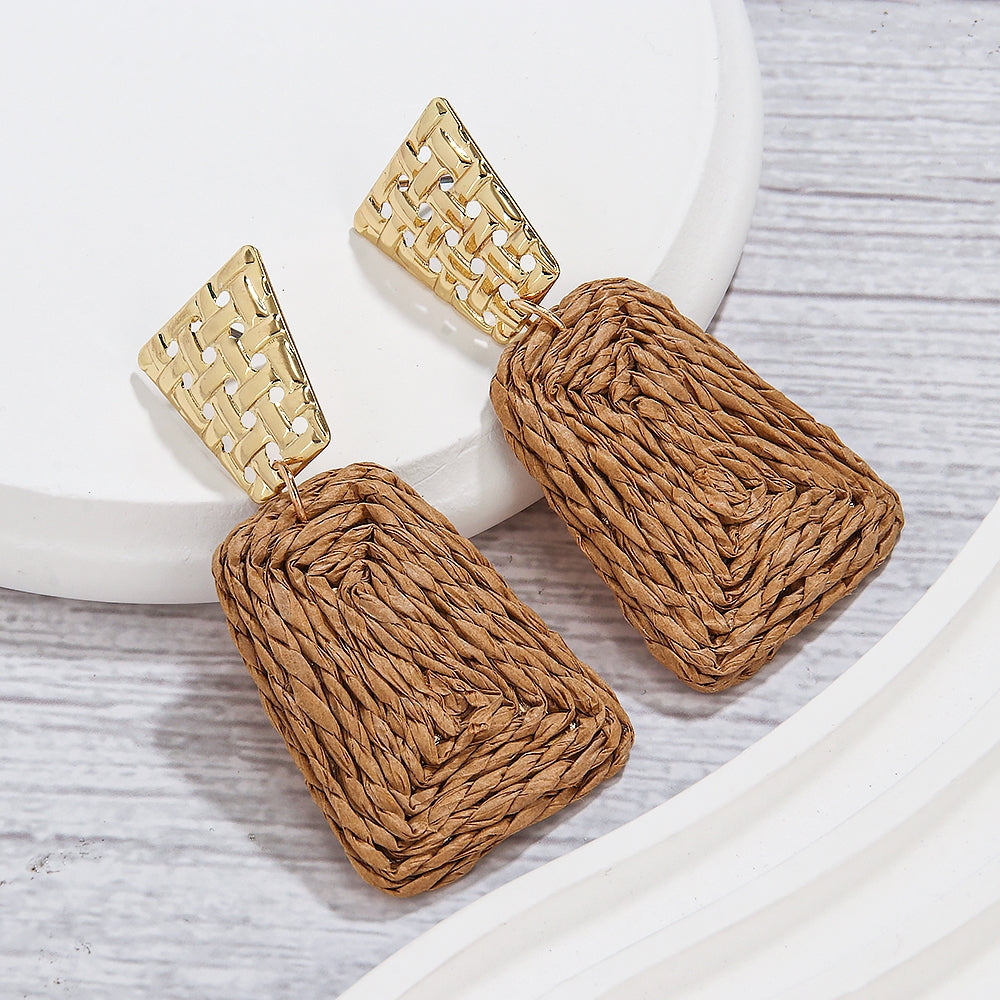 Hawaiian Tropical Geometric Raffia 14K Gold Plated Drop Earrings