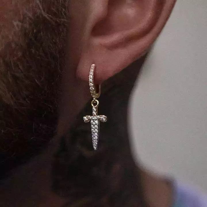 Hip-hop Cross Inlay Copper Zircon Sword Earrings