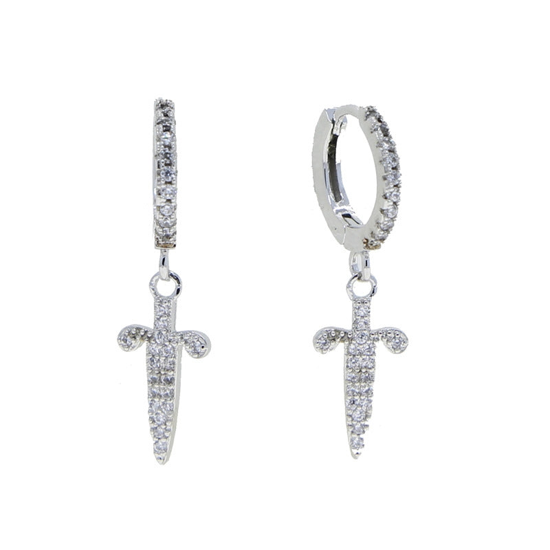 Hip-hop Cross Inlay Copper Zircon Sword Earrings