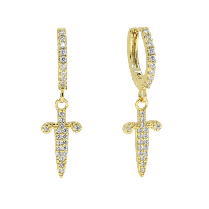 Hip-hop Cross Inlay Copper Zircon Sword Earrings