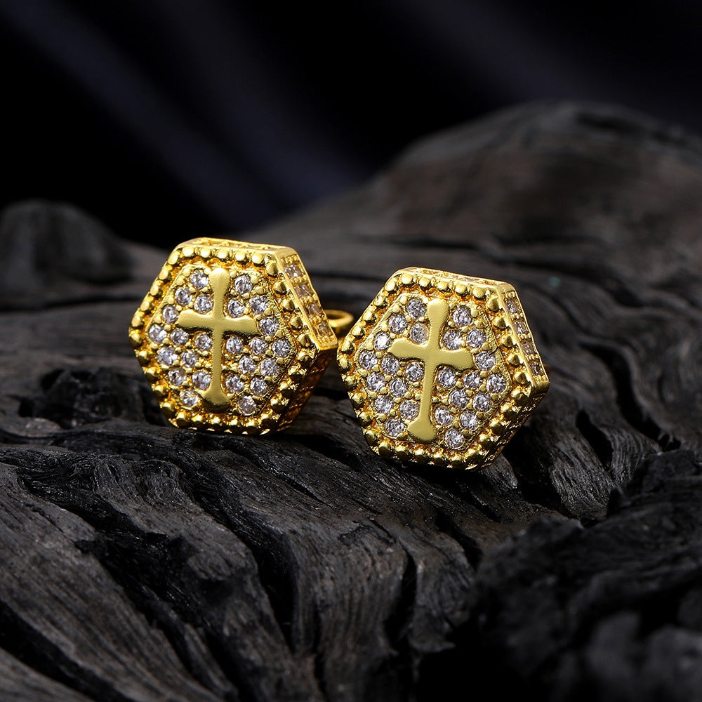 1 Pair Hip-hop Cross Plating Inlay Copper Zircon Gold Plated Ear Studs